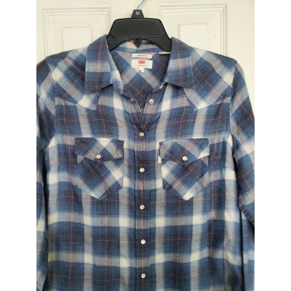 Levi Western Shirt Blue Plaid Tailored Fit Pearl Snap Button Long Sleeve Medium